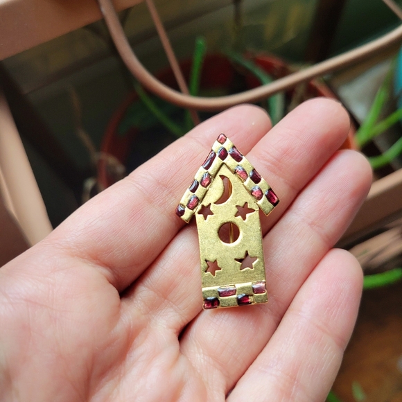 Vintage Danecraft Gold & Red Stone House Sun Moon Boucher Lapel Brooch Pin - Picture 3 of 9